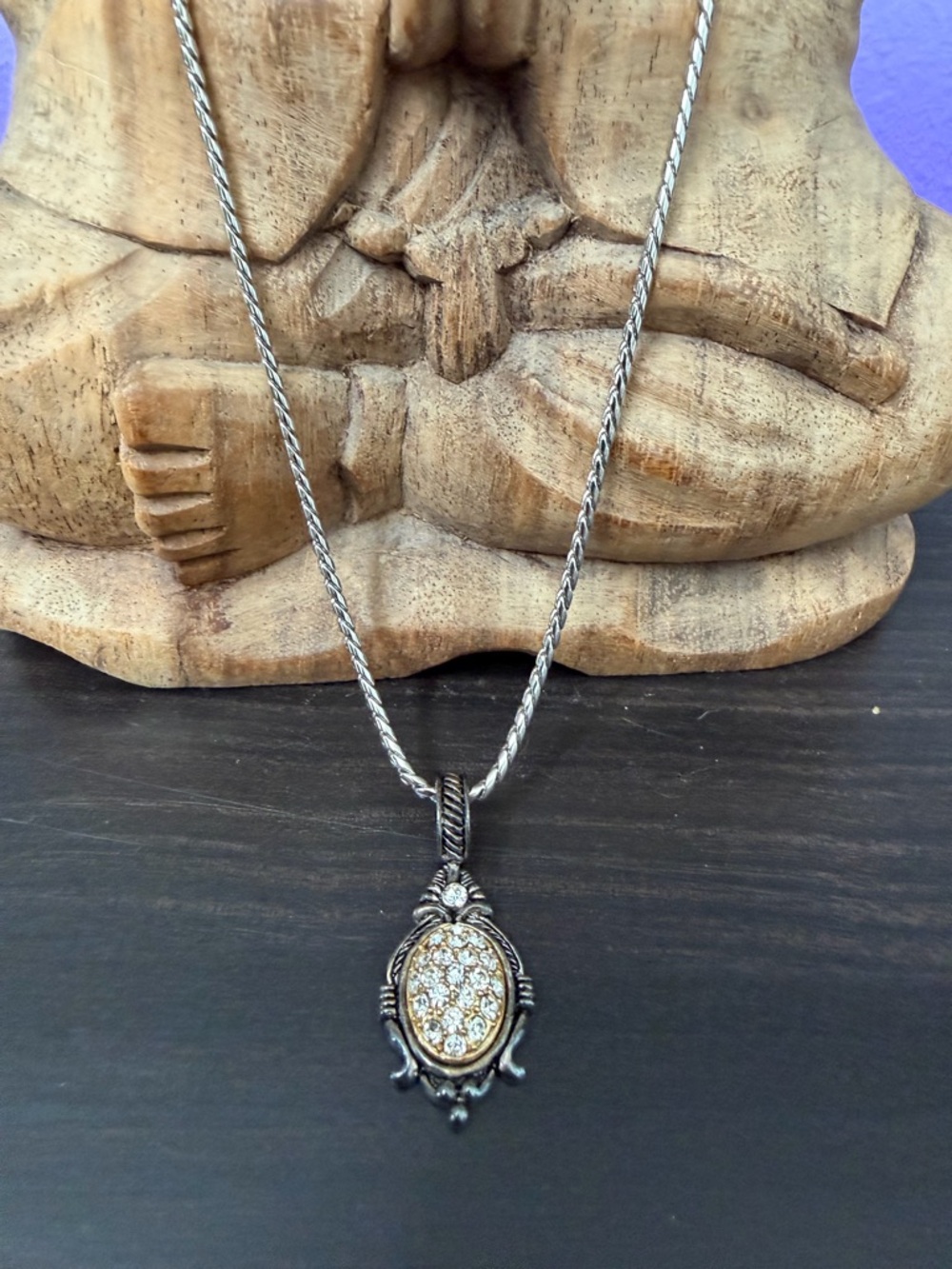 Vintage Silver Pendant Necklace with Gold-Tone Crystal Oval